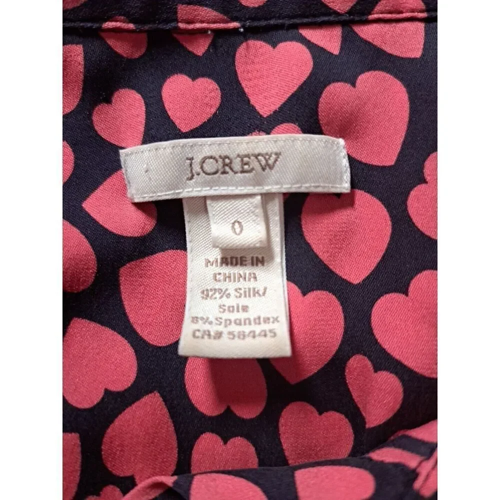 J. Crew Blouse Size 0 Silk Black Pink Button Front Pink Heart Print - Picture 9 of 9